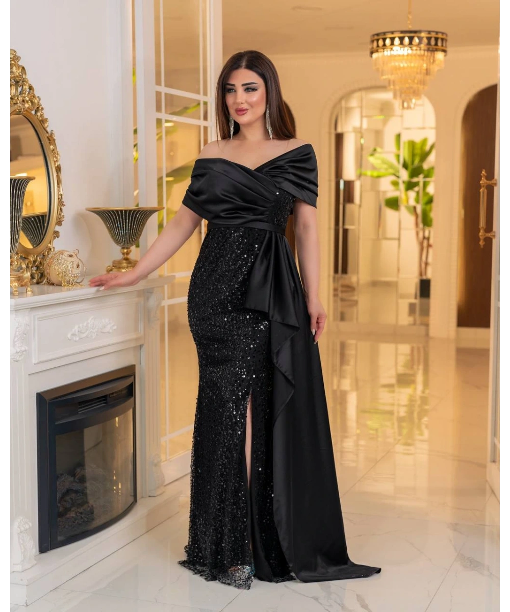 İncili Payet Saten Tasarım Yırtmaçlı Kolsuz Pelerinli Elbise Abiye