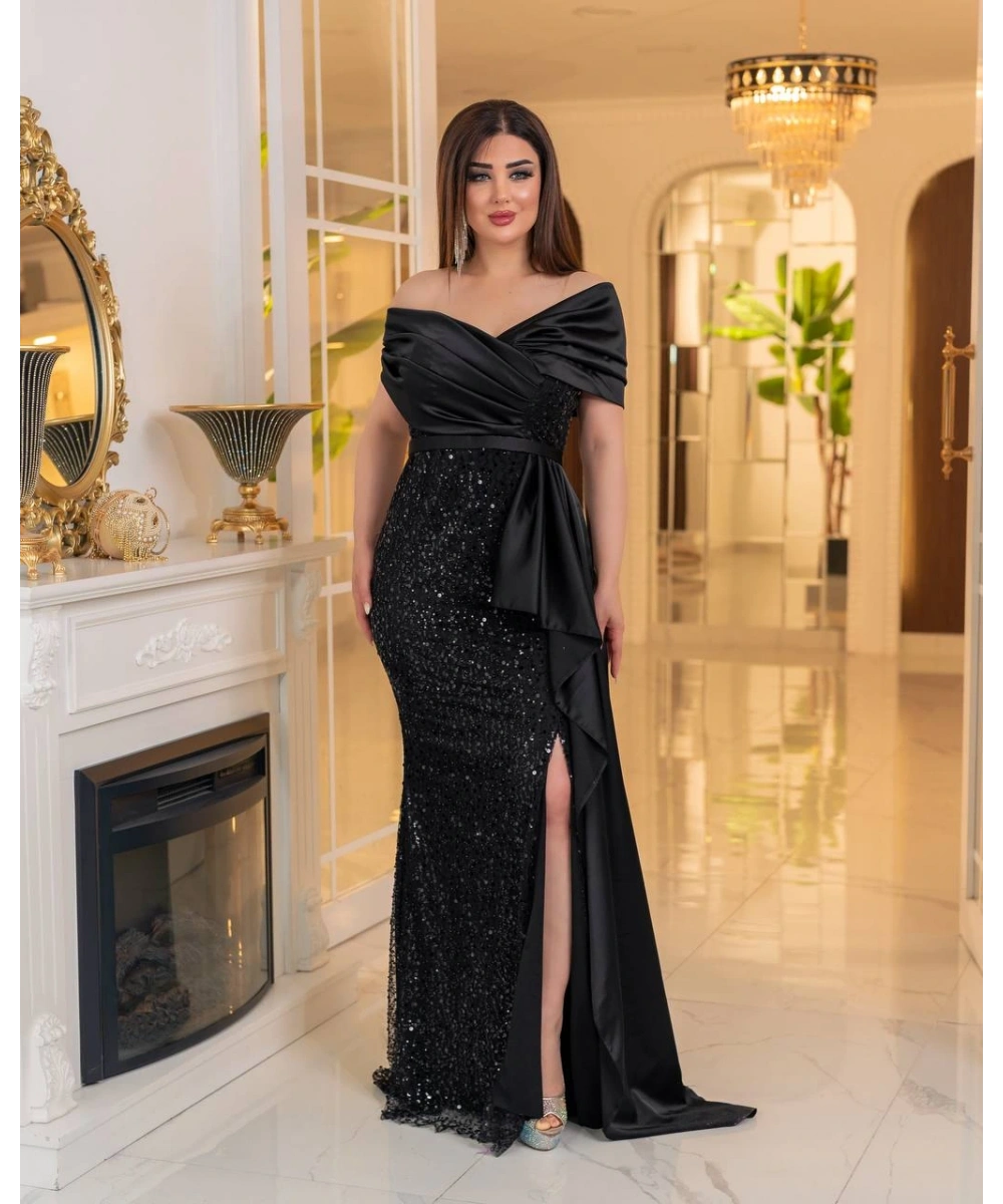 İncili Payet Saten Tasarım Yırtmaçlı Kolsuz Pelerinli Elbise Abiye