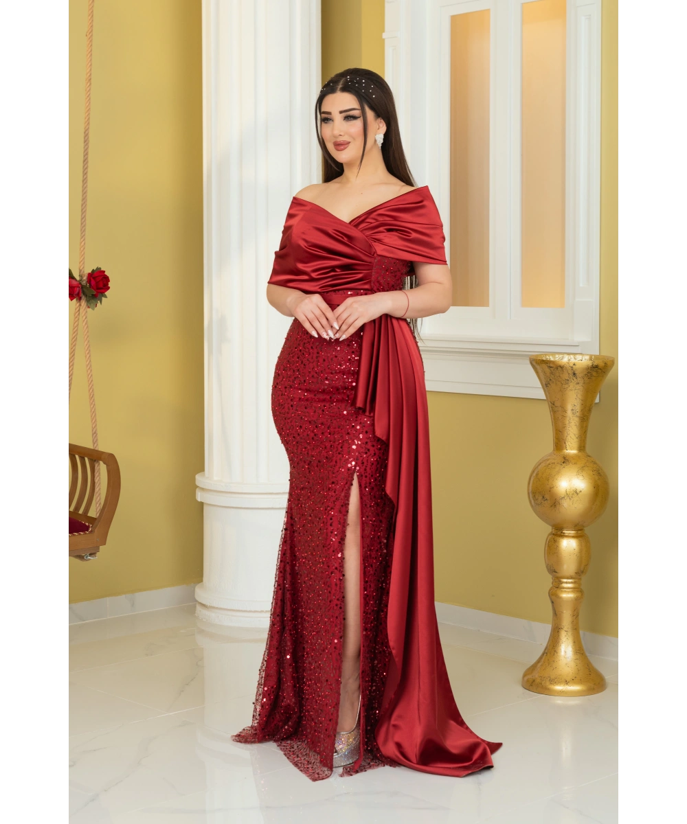 İncili Payet Saten Tasarım Yırtmaçlı Kolsuz Pelerinli Elbise Abiye