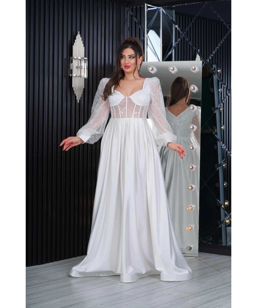 İncili Tül Payet Saten Tasarım Göğüs Dekolteli Uzun Elbise Abiye