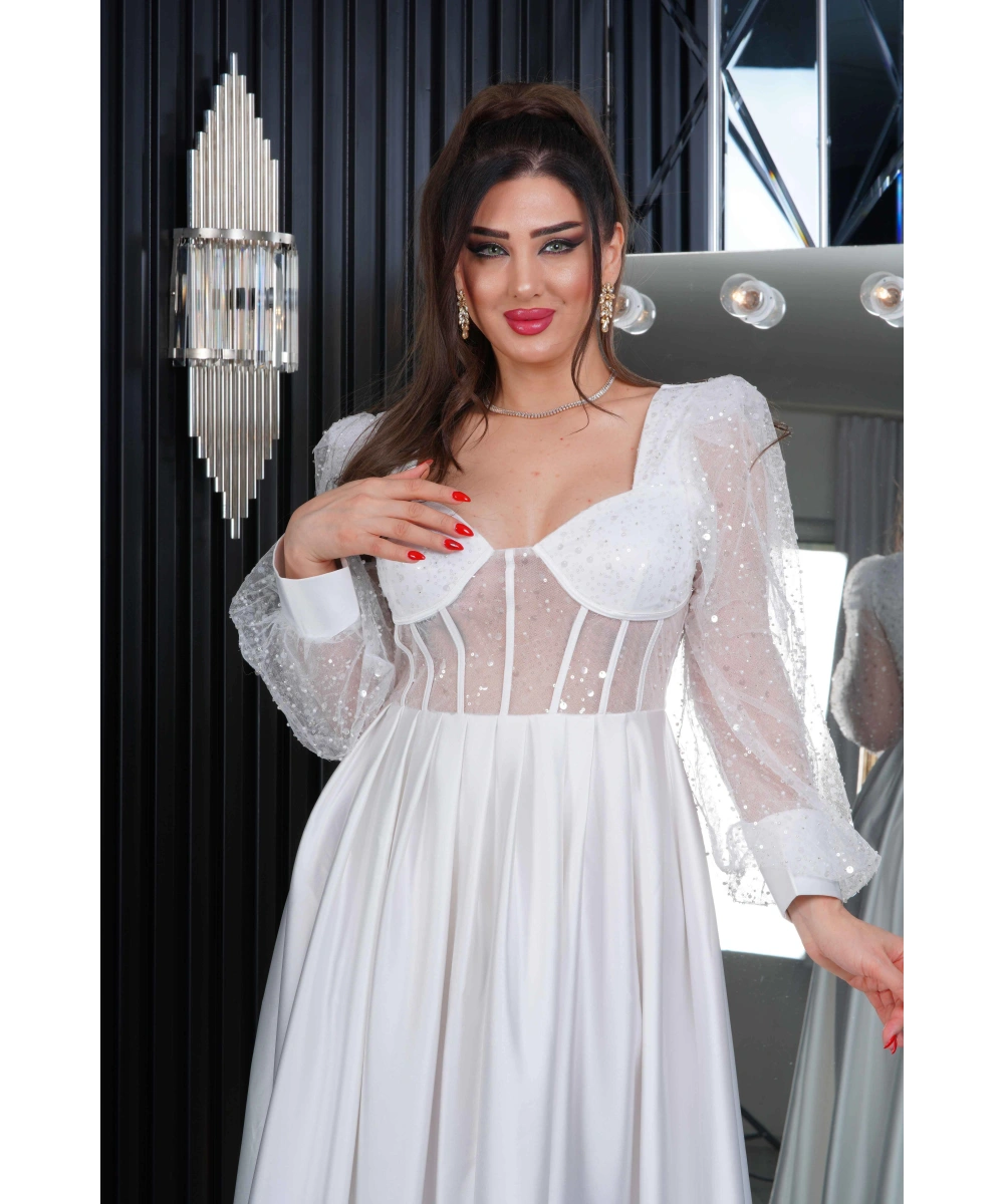 İncili Tül Payet Saten Tasarım Göğüs Dekolteli Uzun Elbise Abiye