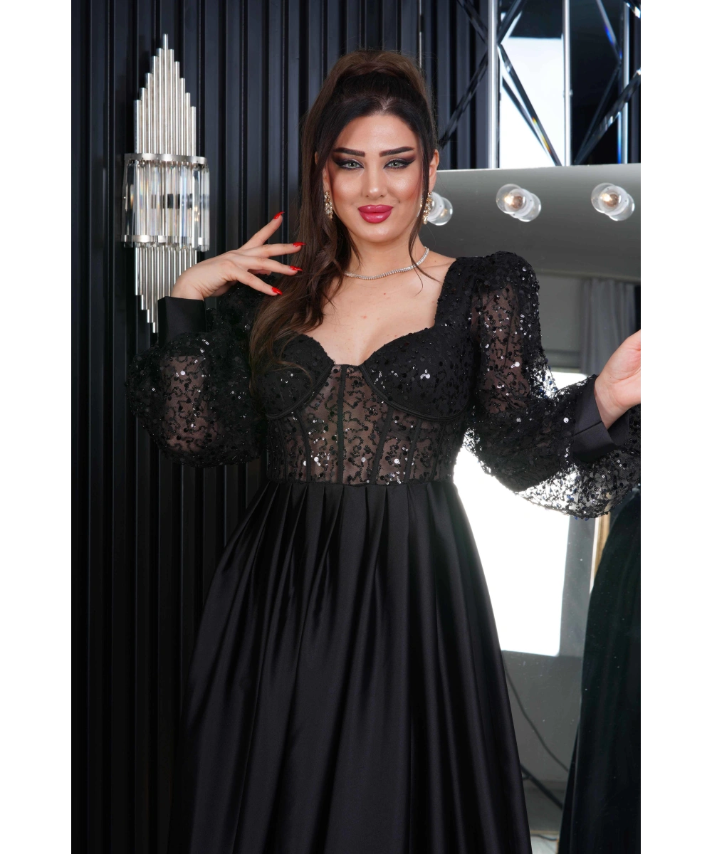 İncili Tül Payet Saten Tasarım Göğüs Dekolteli Uzun Elbise Abiye