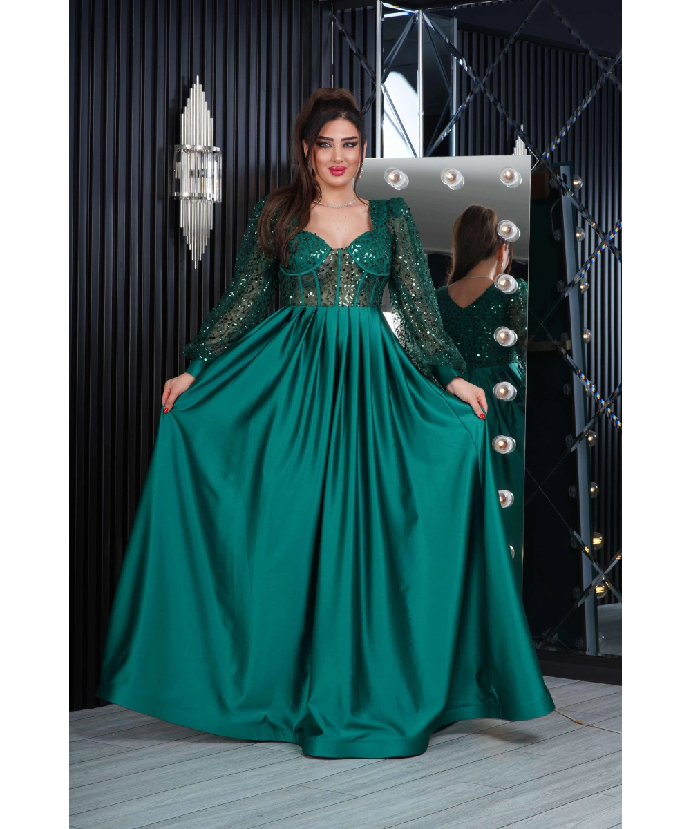 İncili Tül Payet Saten Tasarım Göğüs Dekolteli Uzun Elbise Abiye