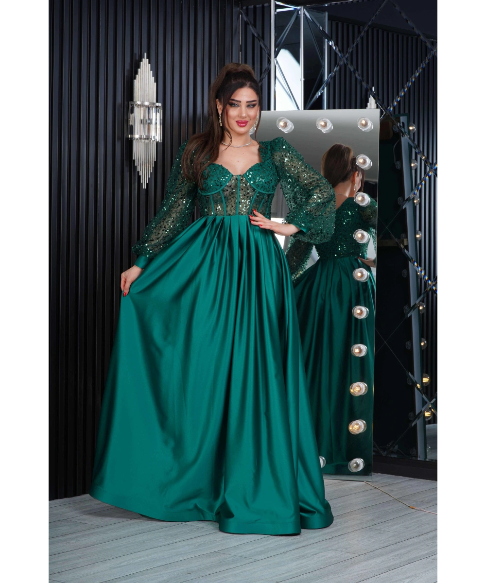 İncili Tül Payet Saten Tasarım Göğüs Dekolteli Uzun Elbise Abiye