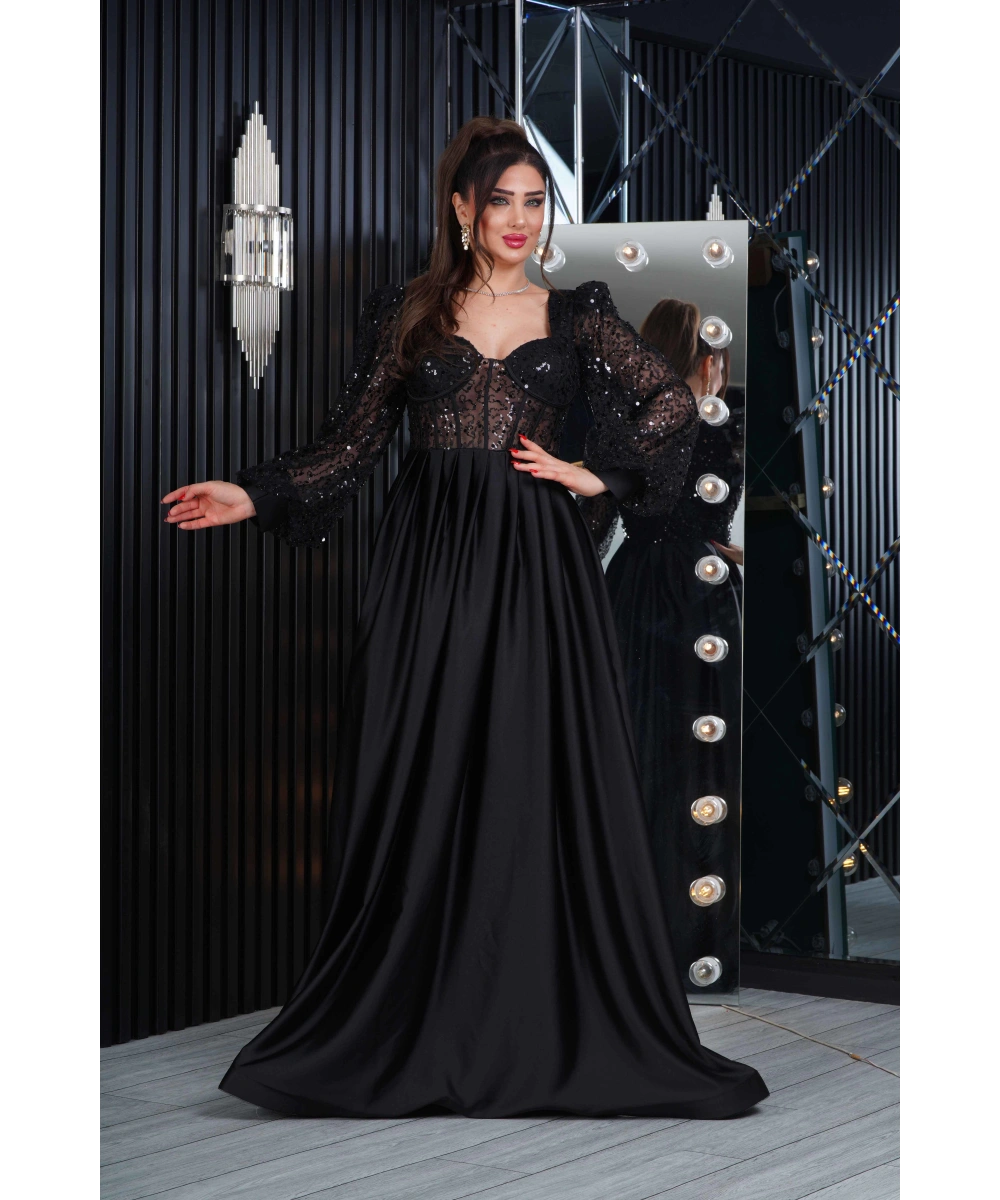 İncili Tül Payet Saten Tasarım Göğüs Dekolteli Uzun Elbise Abiye