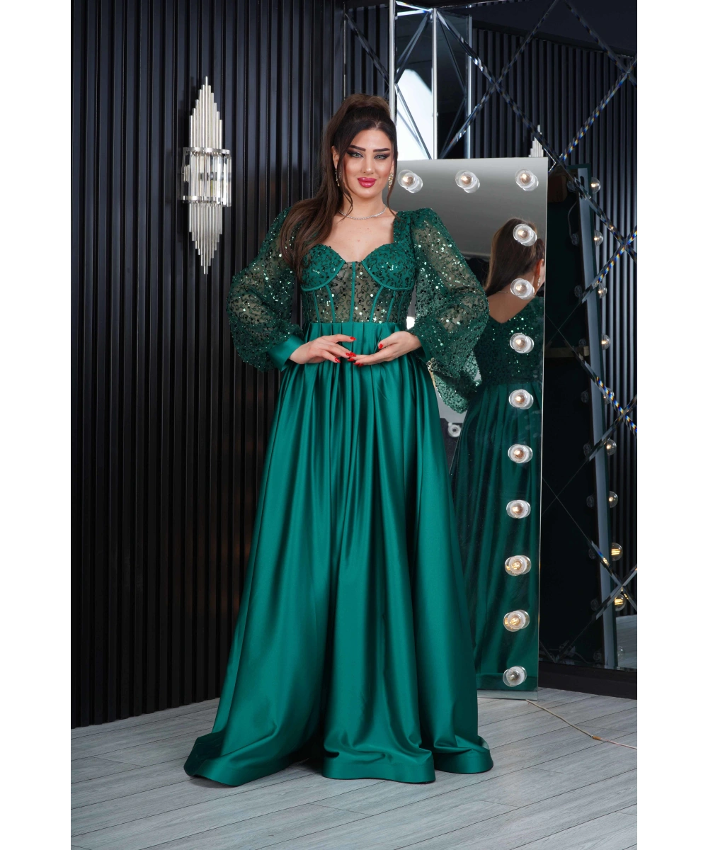 İncili Tül Payet Saten Tasarım Göğüs Dekolteli Uzun Elbise Abiye