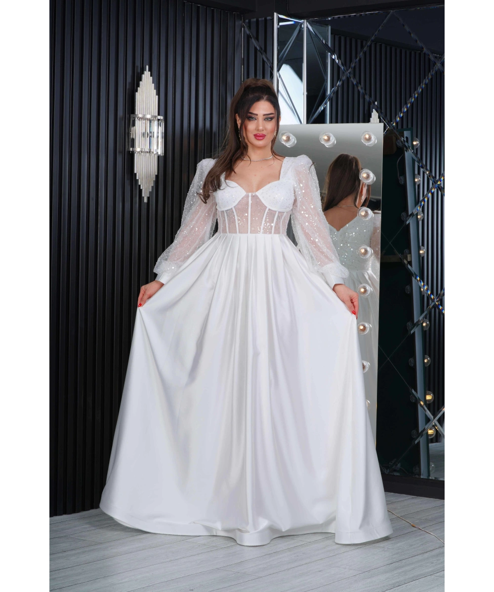 İncili Tül Payet Saten Tasarım Göğüs Dekolteli Uzun Elbise Abiye