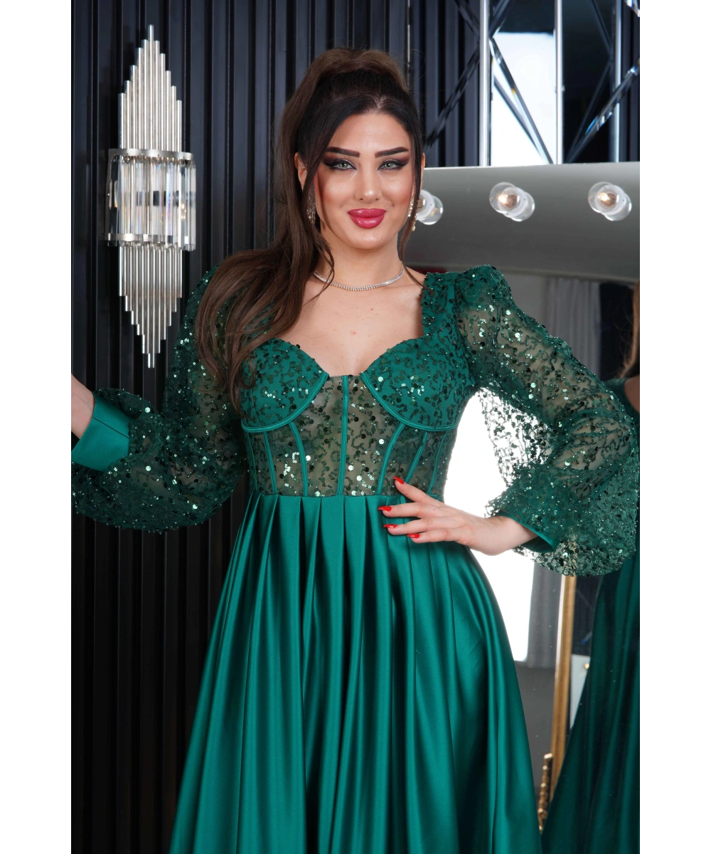 İncili Tül Payet Saten Tasarım Göğüs Dekolteli Uzun Elbise Abiye