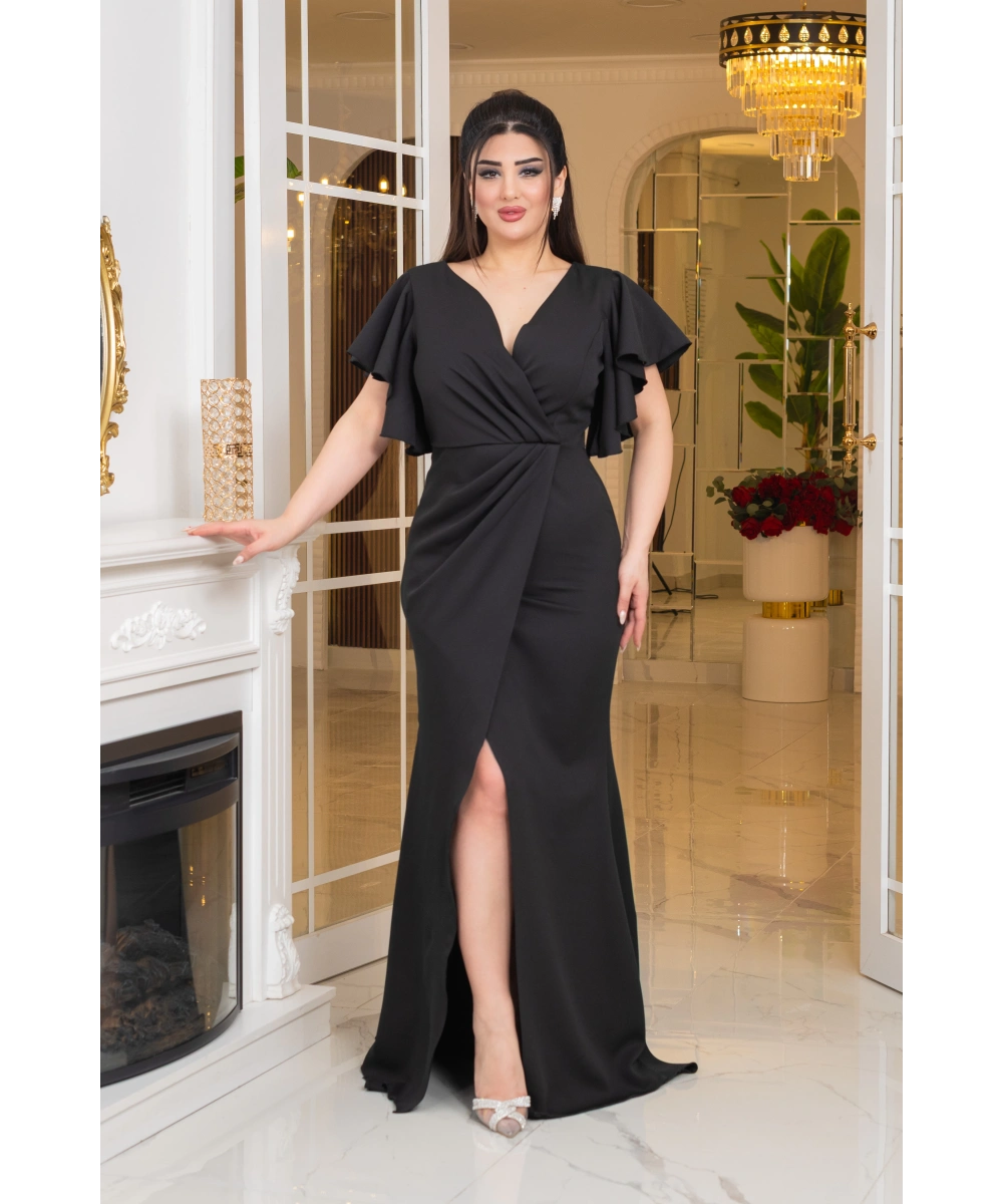 İthal Atlas Tasarım Pelerin Kısa Kollu Yırtmaçlı Uzun Elbise Abiye