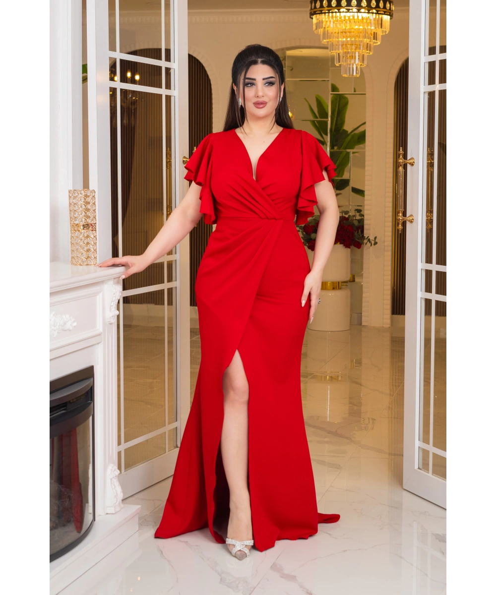 İthal Atlas Tasarım Pelerin Kısa Kollu Yırtmaçlı Uzun Elbise Abiye