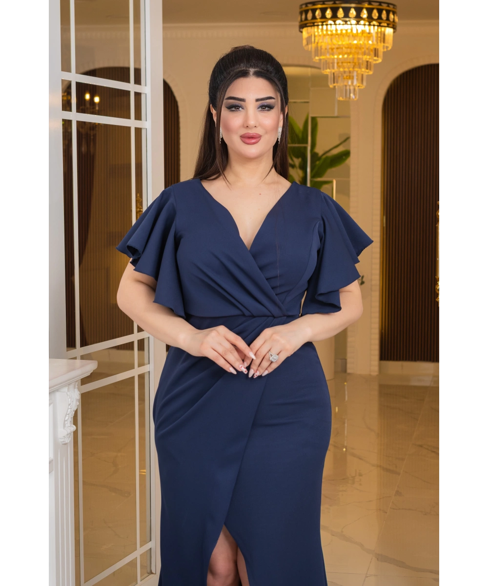 İthal Atlas Tasarım Pelerin Kısa Kollu Yırtmaçlı Uzun Elbise Abiye