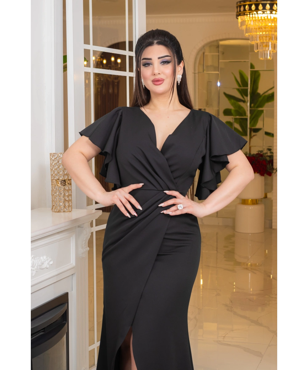 İthal Atlas Tasarım Pelerin Kısa Kollu Yırtmaçlı Uzun Elbise Abiye