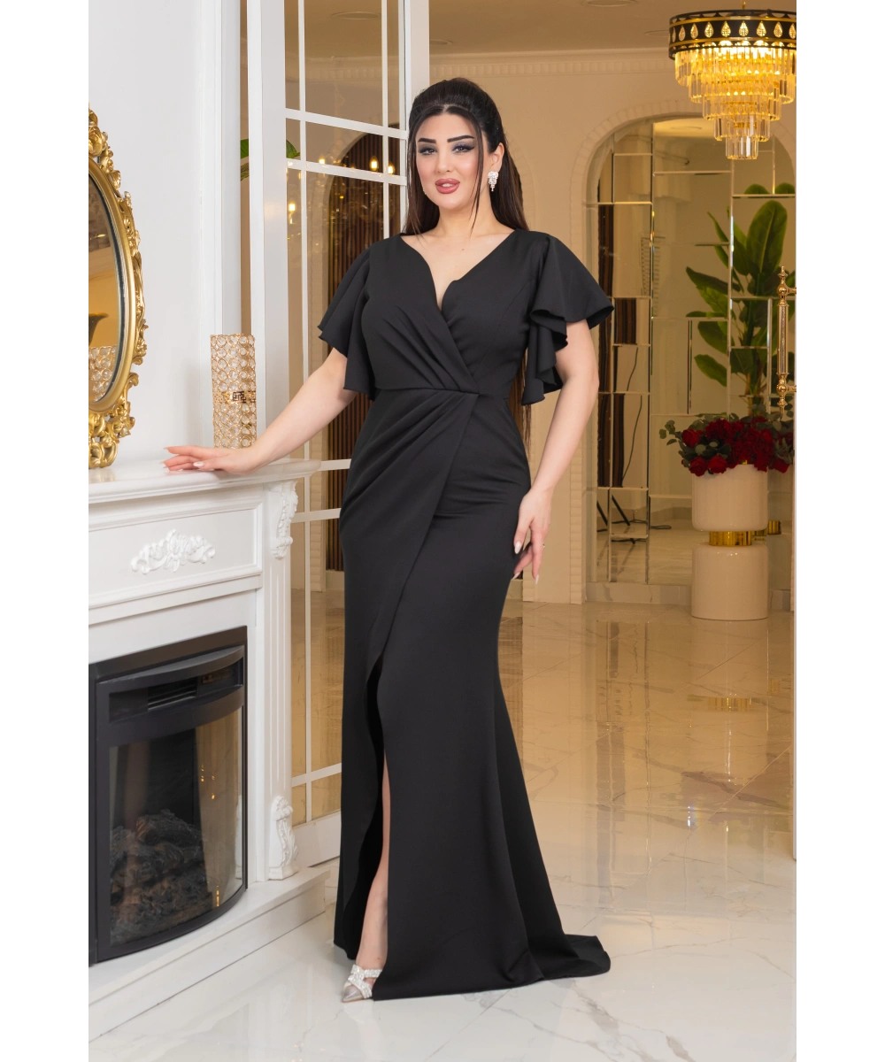 İthal Atlas Tasarım Pelerin Kısa Kollu Yırtmaçlı Uzun Elbise Abiye