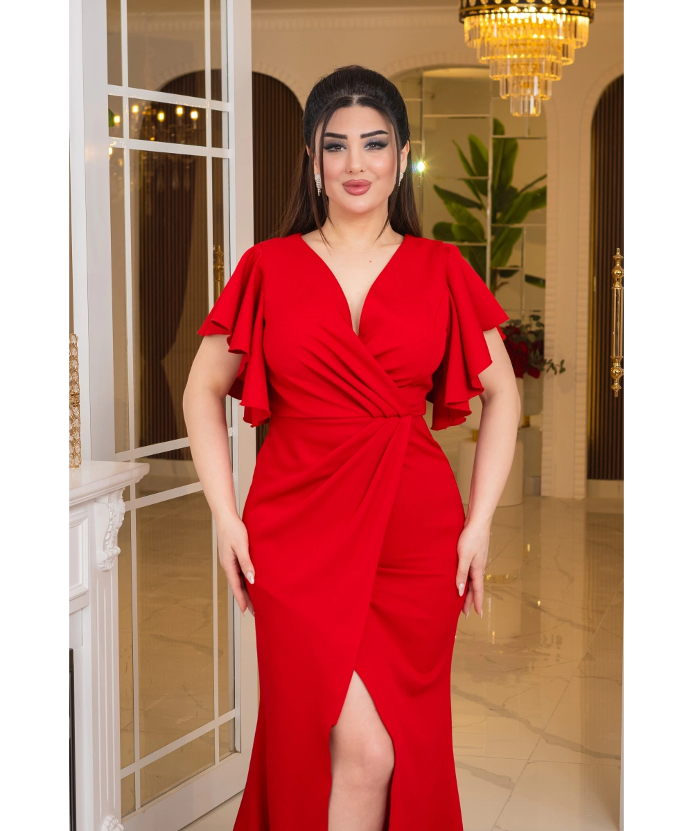 İthal Atlas Tasarım Pelerin Kısa Kollu Yırtmaçlı Uzun Elbise Abiye