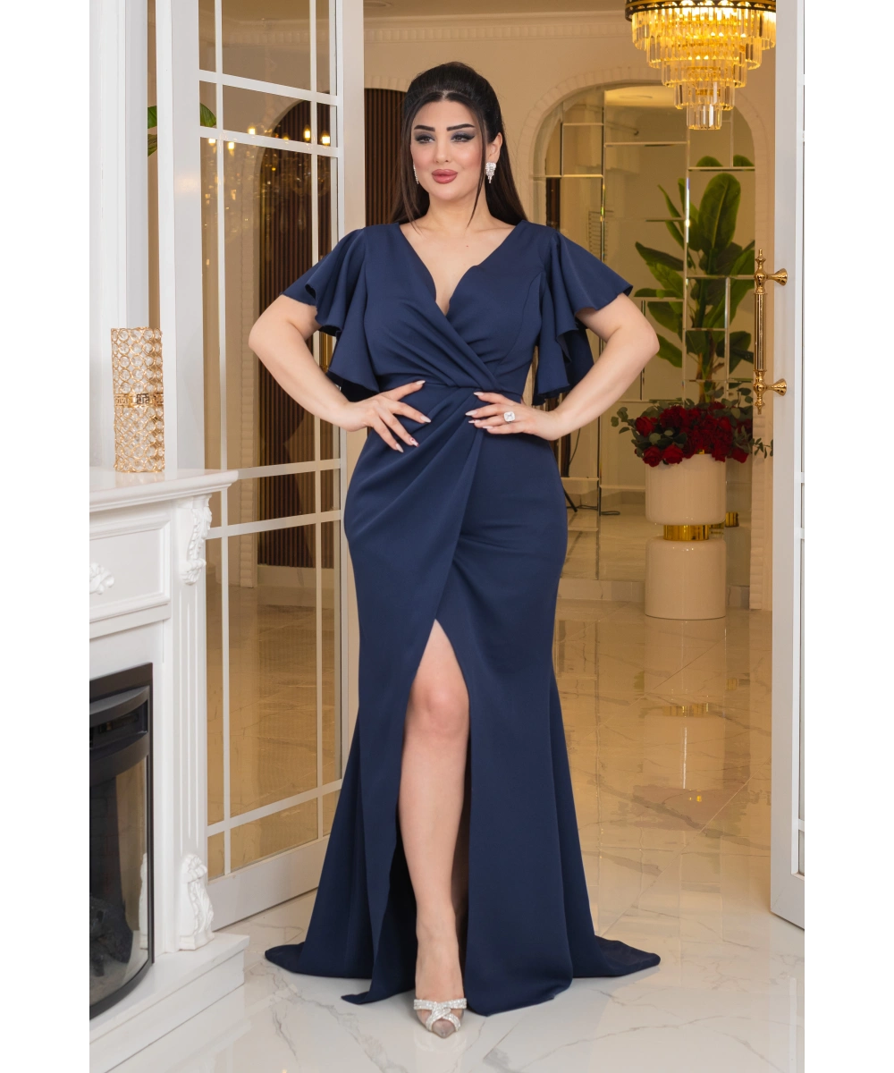 İthal Atlas Tasarım Pelerin Kısa Kollu Yırtmaçlı Uzun Elbise Abiye