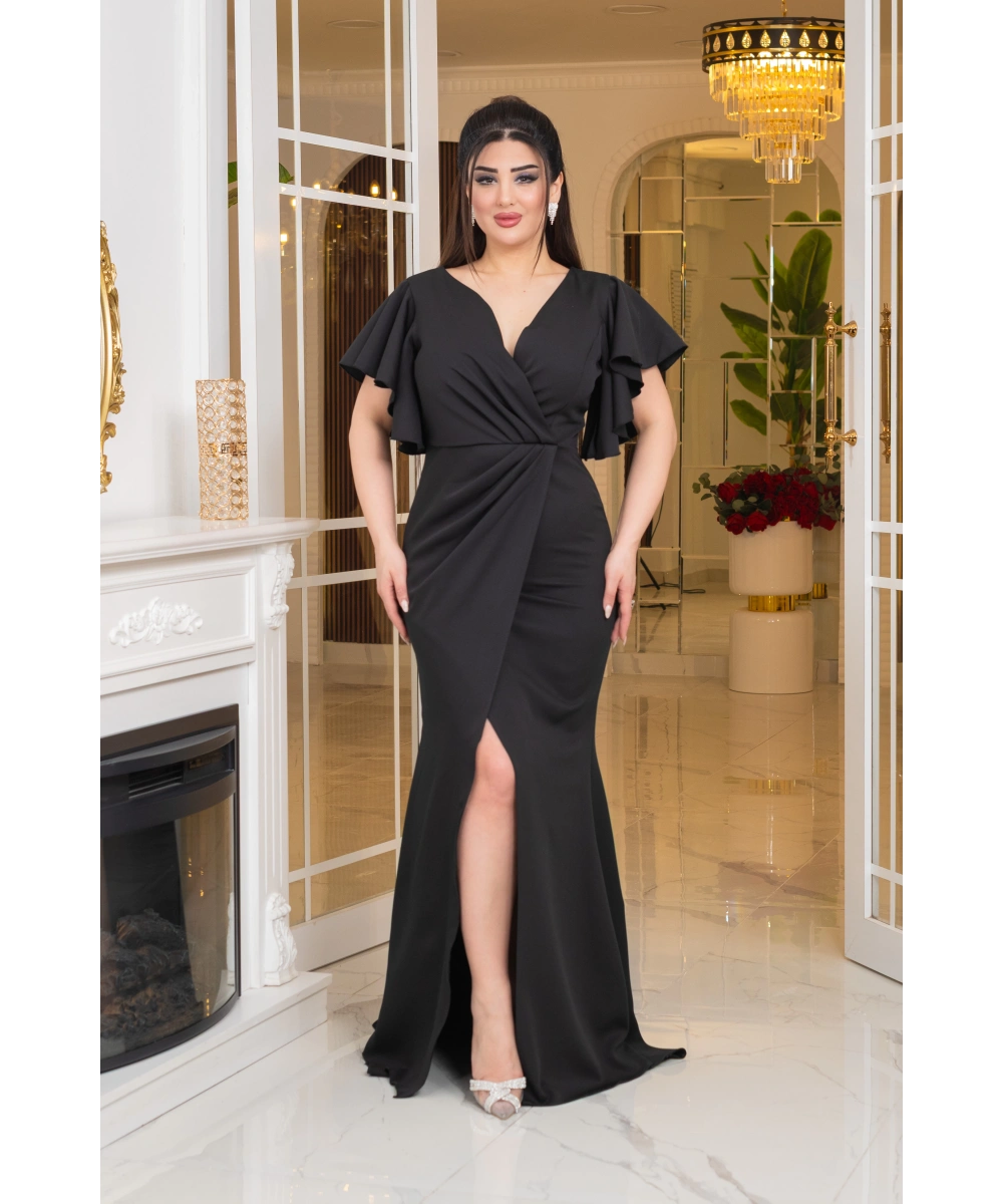 İthal Atlas Tasarım Pelerin Kısa Kollu Yırtmaçlı Uzun Elbise Abiye