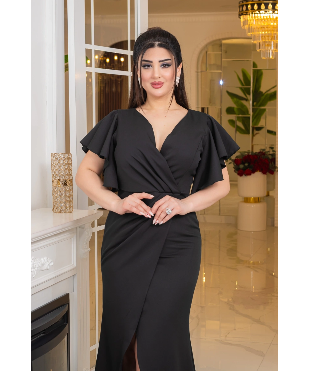 İthal Atlas Tasarım Pelerin Kısa Kollu Yırtmaçlı Uzun Elbise Abiye