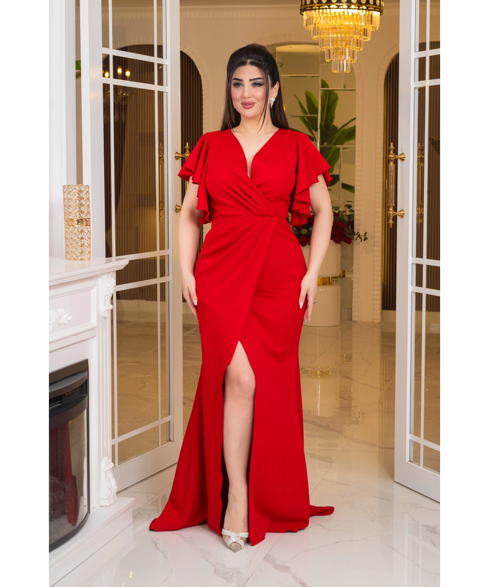 İthal Atlas Tasarım Pelerin Kısa Kollu Yırtmaçlı Uzun Elbise Abiye