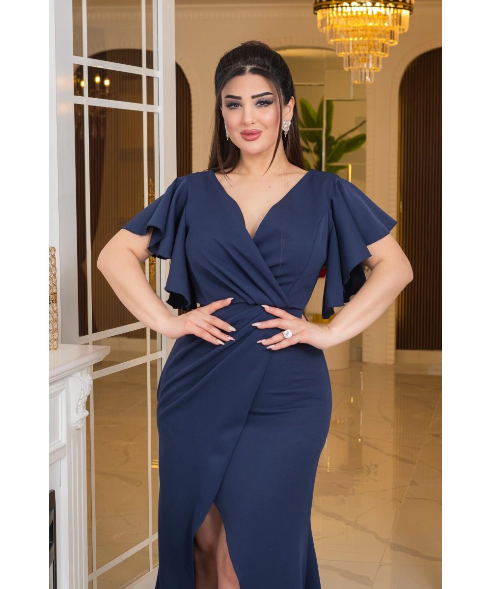 İthal Atlas Tasarım Pelerin Kısa Kollu Yırtmaçlı Uzun Elbise Abiye