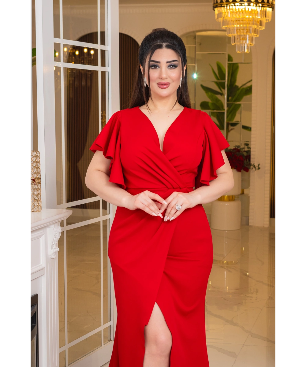 İthal Atlas Tasarım Pelerin Kısa Kollu Yırtmaçlı Uzun Elbise Abiye