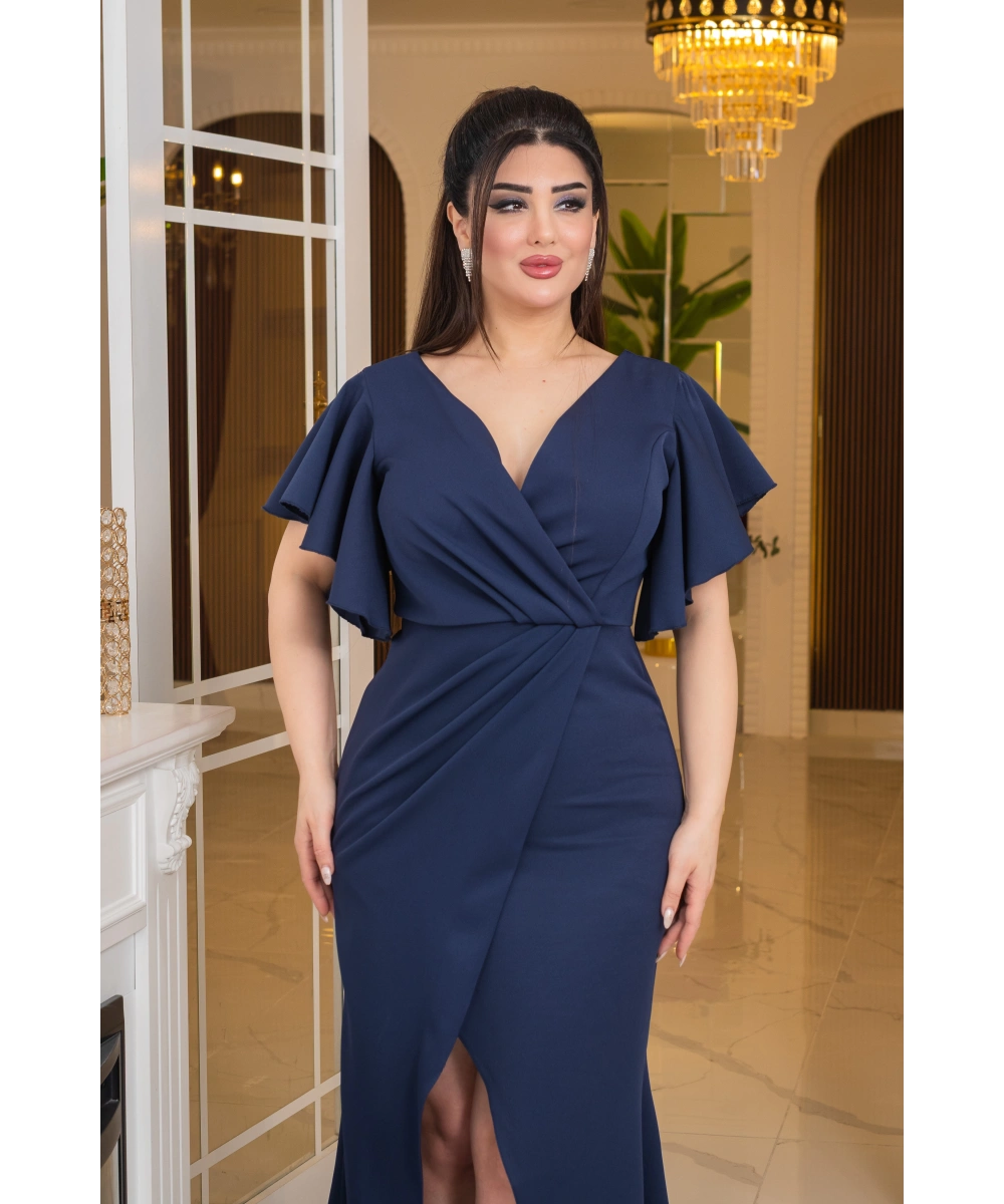 İthal Atlas Tasarım Pelerin Kısa Kollu Yırtmaçlı Uzun Elbise Abiye