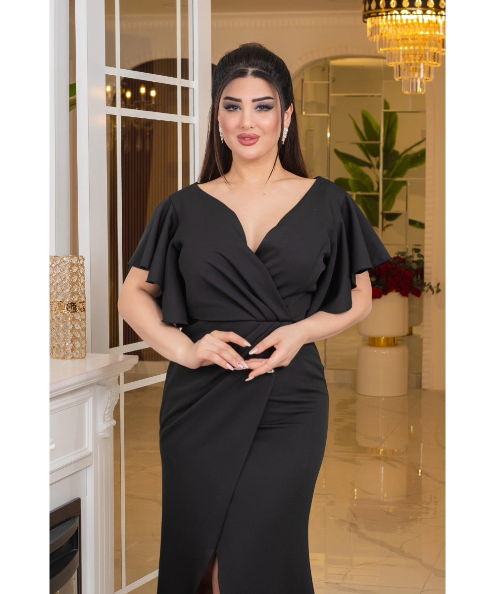 İthal Atlas Tasarım Pelerin Kısa Kollu Yırtmaçlı Uzun Elbise Abiye