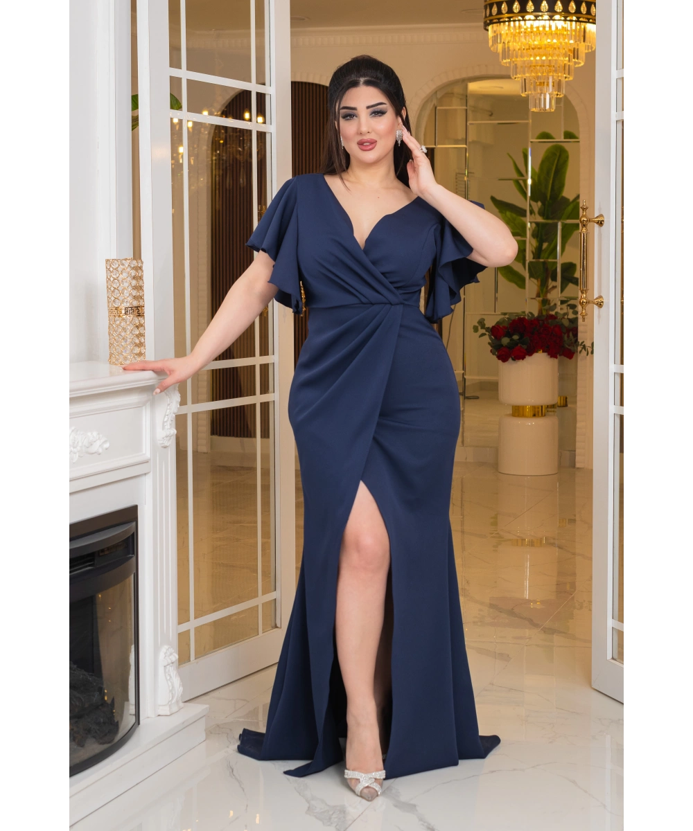 İthal Atlas Tasarım Pelerin Kısa Kollu Yırtmaçlı Uzun Elbise Abiye