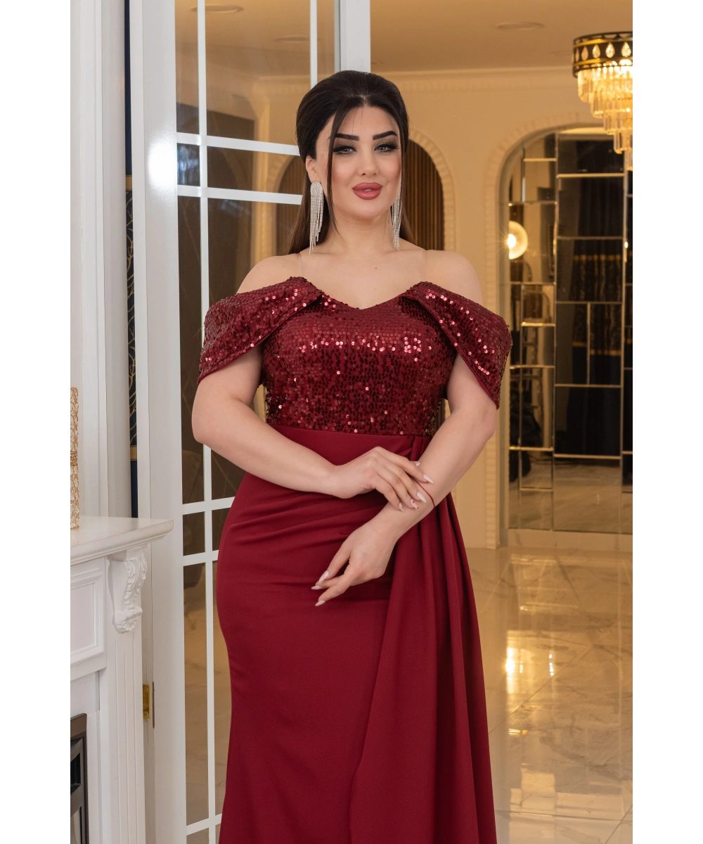 İthal Atlas Tül Payet Tasarım Straplez Dekolteli Yandan Pelerinli Uzun Elbise Abiye