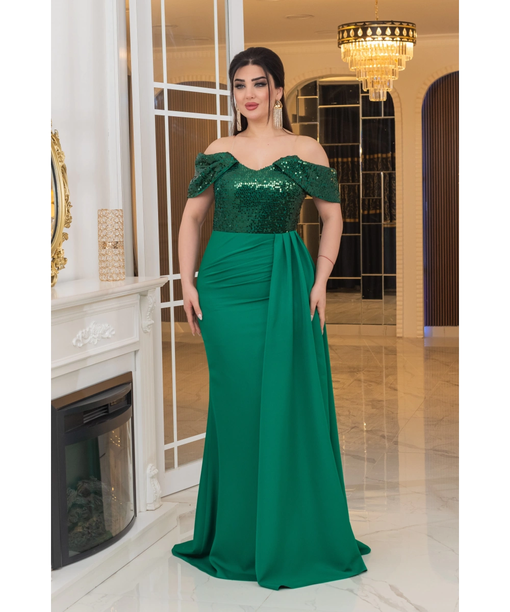 İthal Atlas Tül Payet Tasarım Straplez Dekolteli Yandan Pelerinli Uzun Elbise Abiye