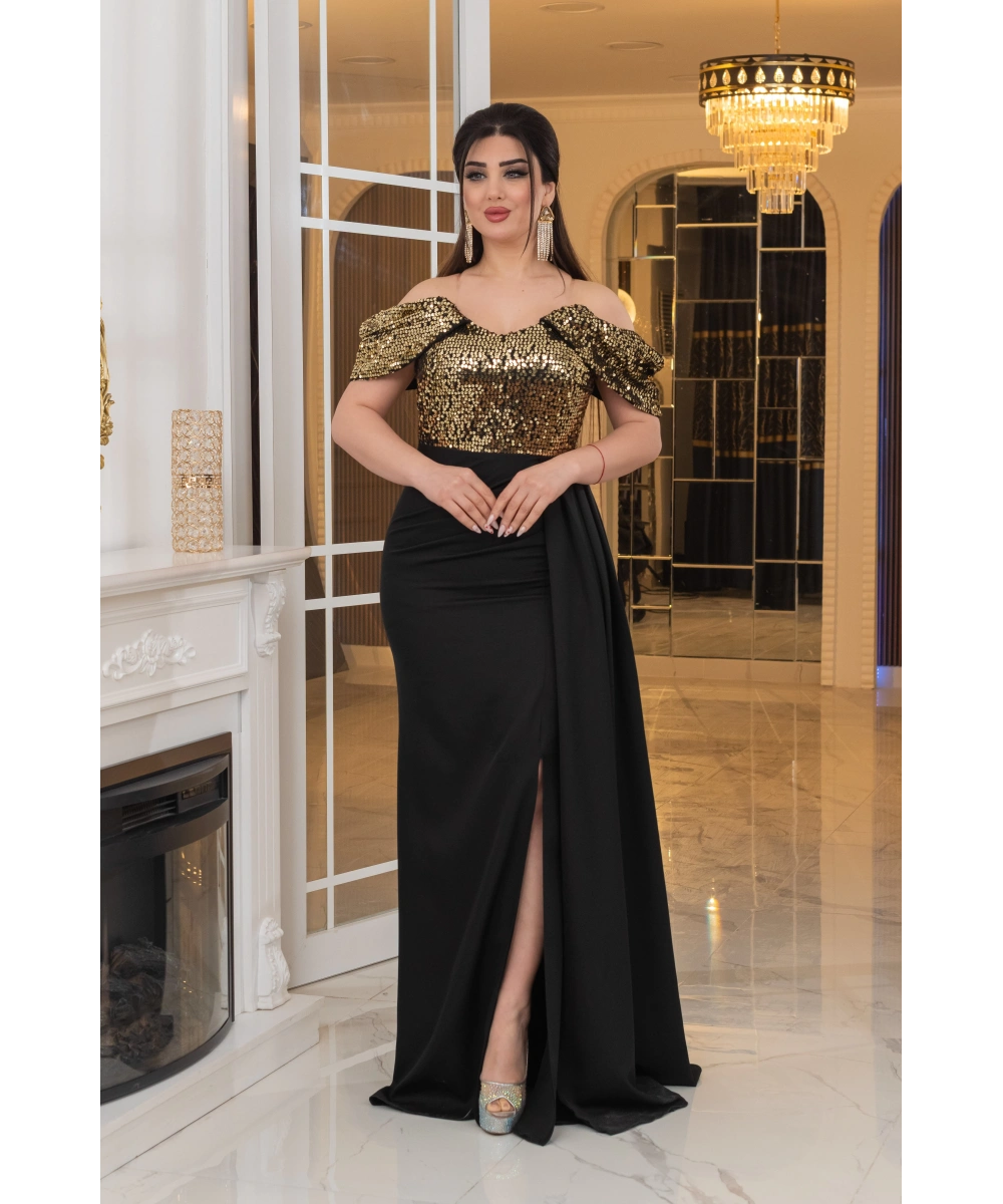 İthal Atlas Tül Payet Tasarım Straplez Dekolteli Yandan Pelerinli Uzun Elbise Abiye