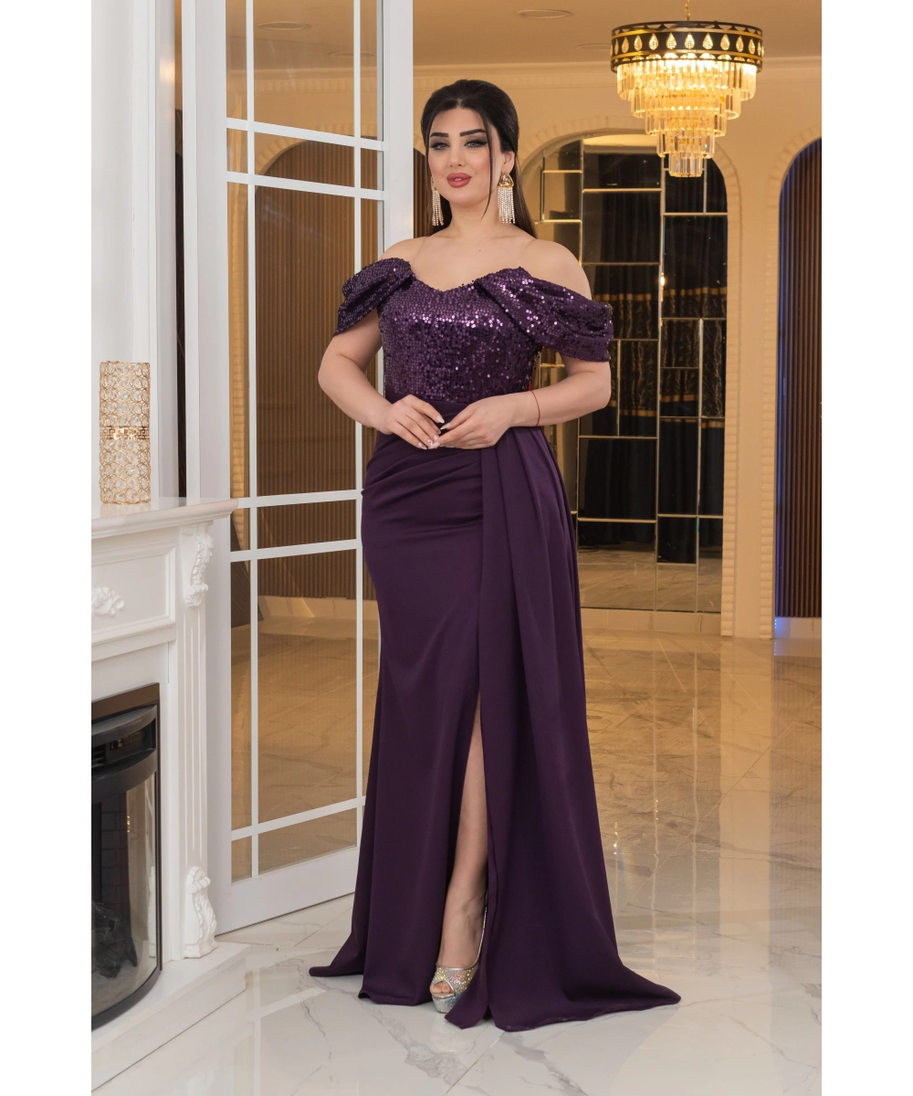 İthal Atlas Tül Payet Tasarım Straplez Dekolteli Yandan Pelerinli Uzun Elbise Abiye