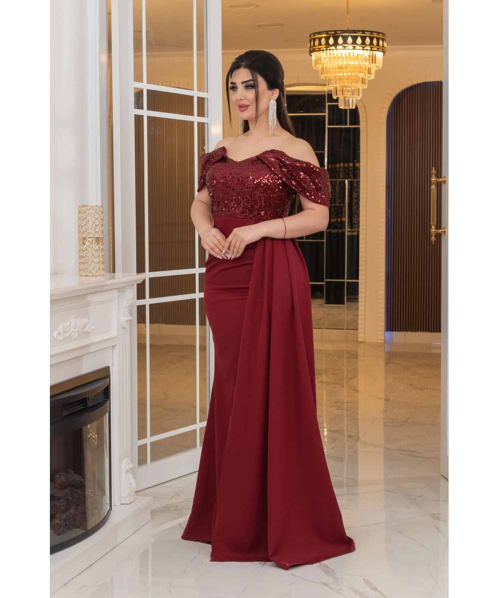 İthal Atlas Tül Payet Tasarım Straplez Dekolteli Yandan Pelerinli Uzun Elbise Abiye