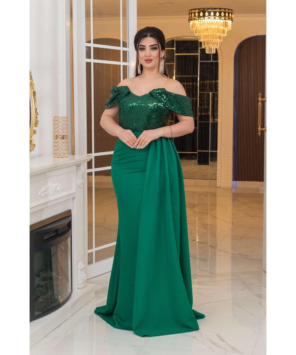 İthal Atlas Tül Payet Tasarım Straplez Dekolteli Yandan Pelerinli Uzun Elbise Abiye