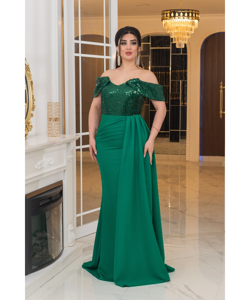 İthal Atlas Tül Payet Tasarım Straplez Dekolteli Yandan Pelerinli Uzun Elbise Abiye