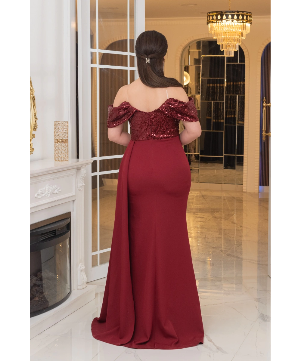 İthal Atlas Tül Payet Tasarım Straplez Dekolteli Yandan Pelerinli Uzun Elbise Abiye