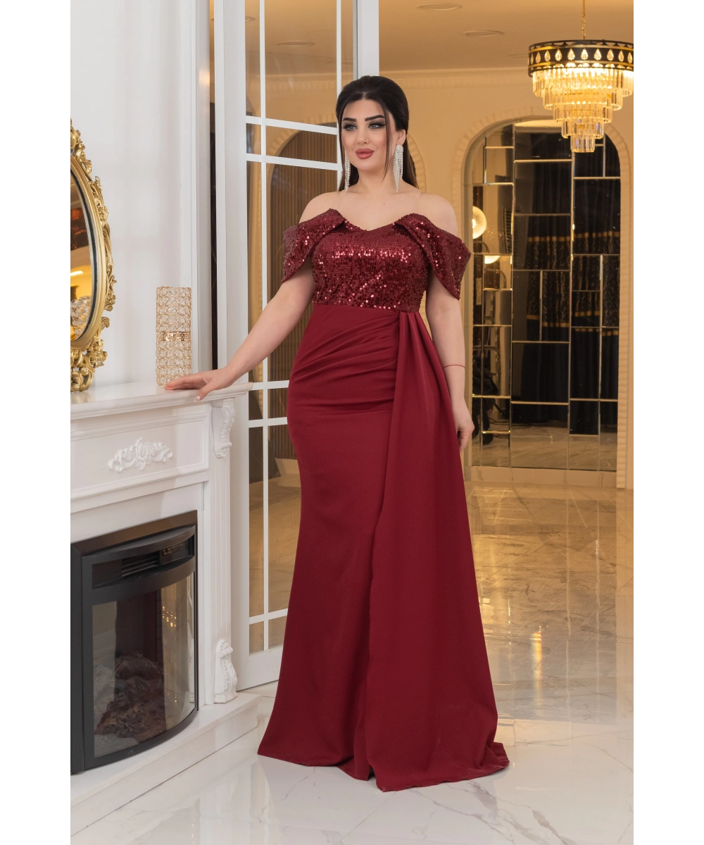 İthal Atlas Tül Payet Tasarım Straplez Dekolteli Yandan Pelerinli Uzun Elbise Abiye