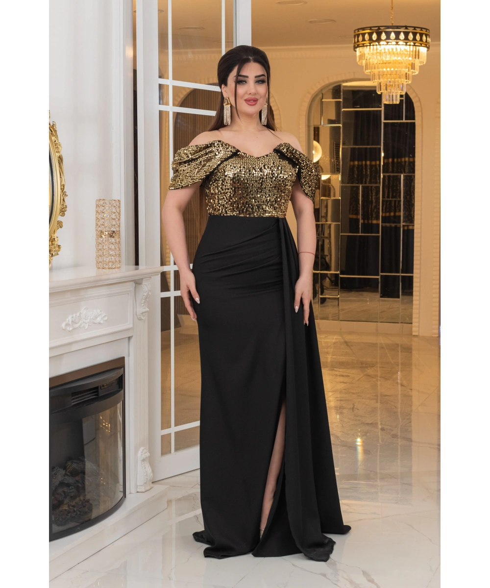 İthal Atlas Tül Payet Tasarım Straplez Dekolteli Yandan Pelerinli Uzun Elbise Abiye