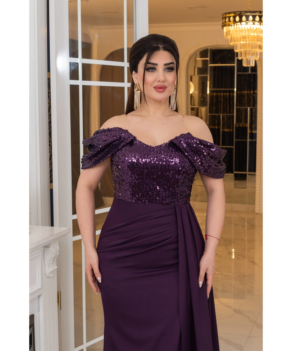 İthal Atlas Tül Payet Tasarım Straplez Dekolteli Yandan Pelerinli Uzun Elbise Abiye