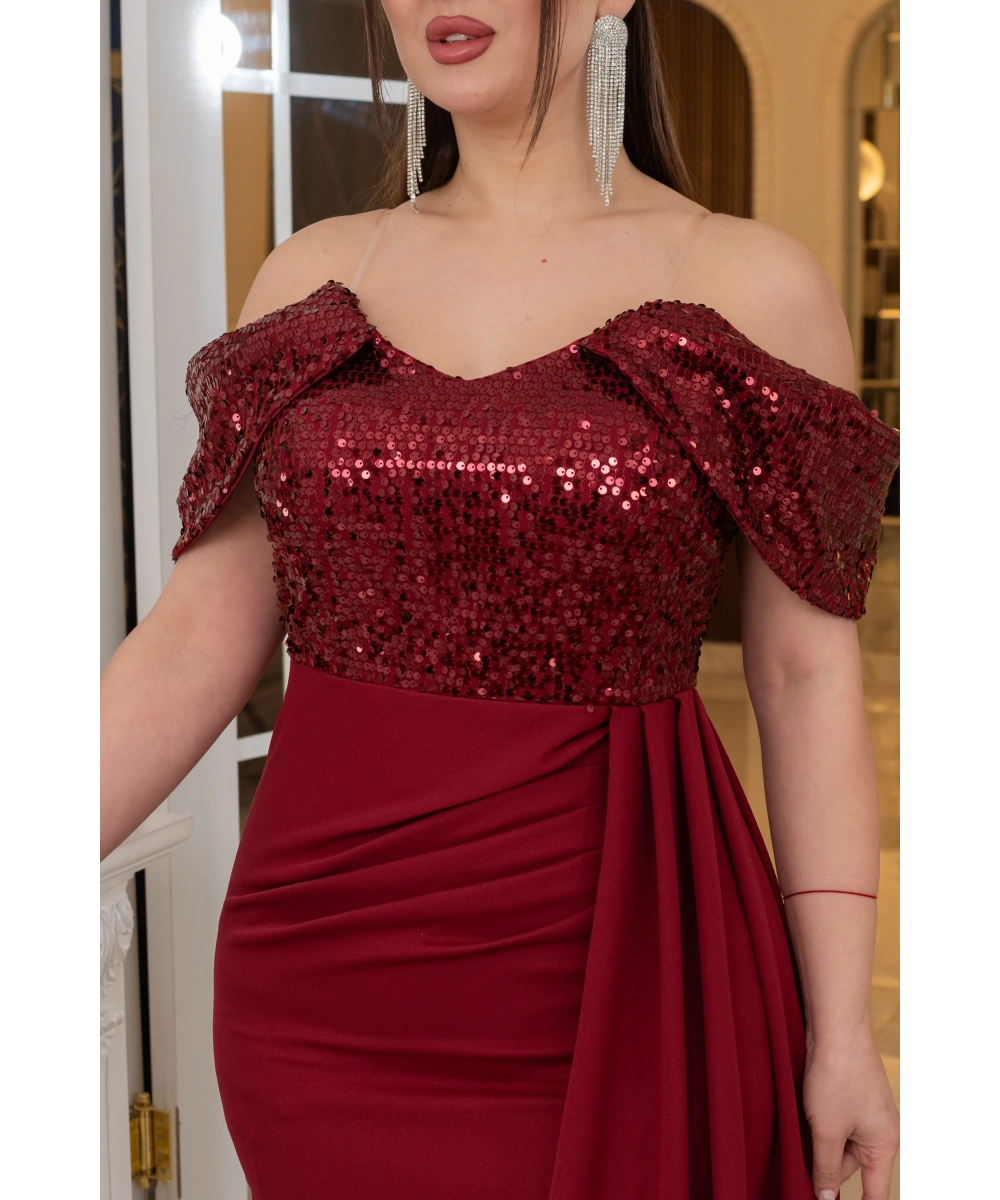 İthal Atlas Tül Payet Tasarım Straplez Dekolteli Yandan Pelerinli Uzun Elbise Abiye