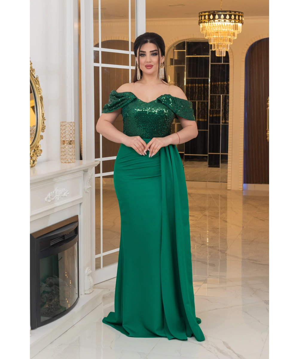 İthal Atlas Tül Payet Tasarım Straplez Dekolteli Yandan Pelerinli Uzun Elbise Abiye