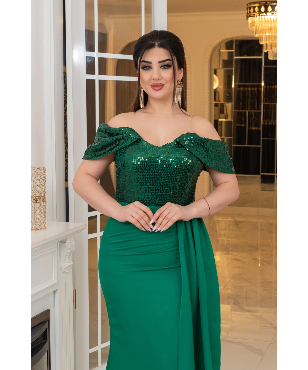 İthal Atlas Tül Payet Tasarım Straplez Dekolteli Yandan Pelerinli Uzun Elbise Abiye