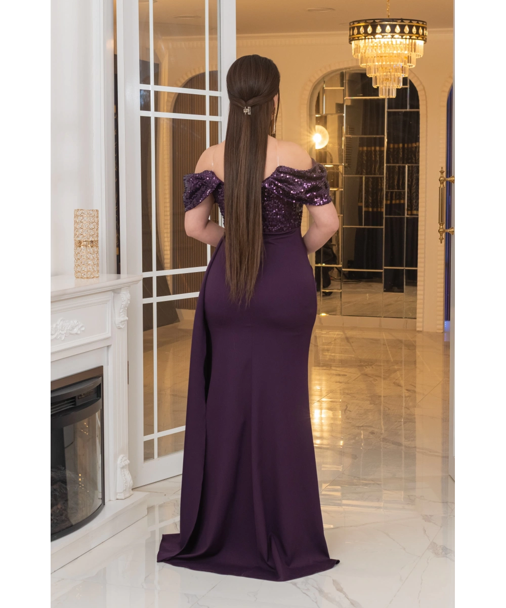 İthal Atlas Tül Payet Tasarım Straplez Dekolteli Yandan Pelerinli Uzun Elbise Abiye