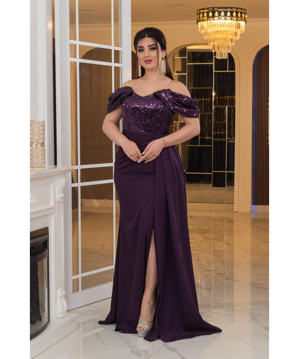 İthal Atlas Tül Payet Tasarım Straplez Dekolteli Yandan Pelerinli Uzun Elbise Abiye