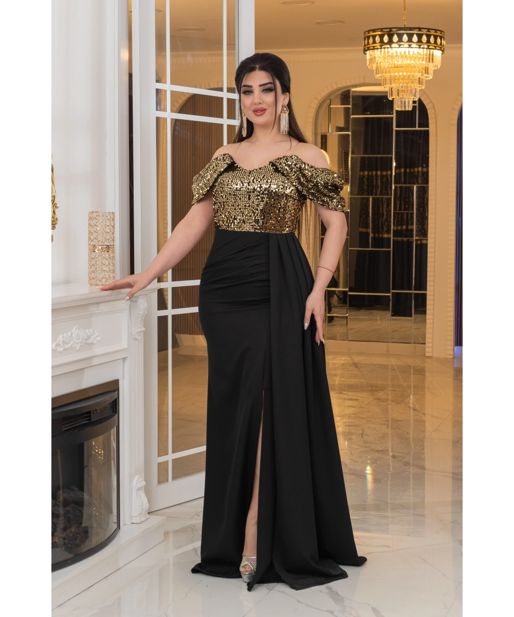 İthal Atlas Tül Payet Tasarım Straplez Dekolteli Yandan Pelerinli Uzun Elbise Abiye