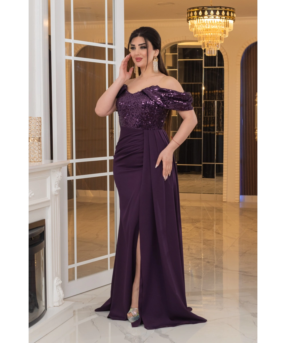 İthal Atlas Tül Payet Tasarım Straplez Dekolteli Yandan Pelerinli Uzun Elbise Abiye