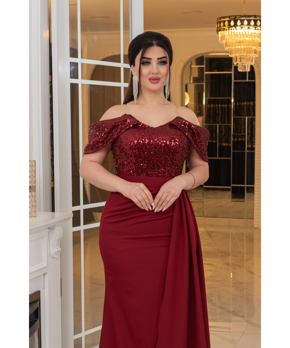 İthal Atlas Tül Payet Tasarım Straplez Dekolteli Yandan Pelerinli Uzun Elbise Abiye