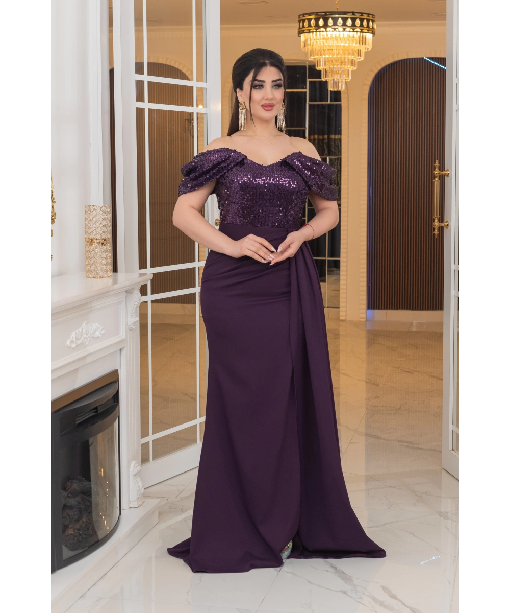 İthal Atlas Tül Payet Tasarım Straplez Dekolteli Yandan Pelerinli Uzun Elbise Abiye