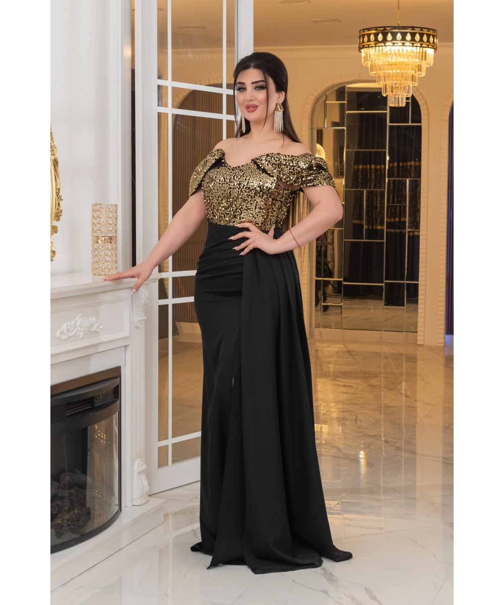 İthal Atlas Tül Payet Tasarım Straplez Dekolteli Yandan Pelerinli Uzun Elbise Abiye