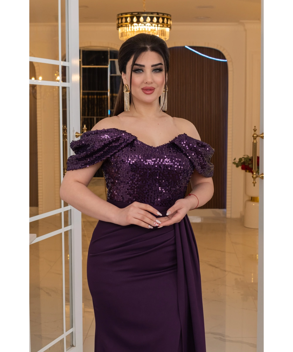 İthal Atlas Tül Payet Tasarım Straplez Dekolteli Yandan Pelerinli Uzun Elbise Abiye