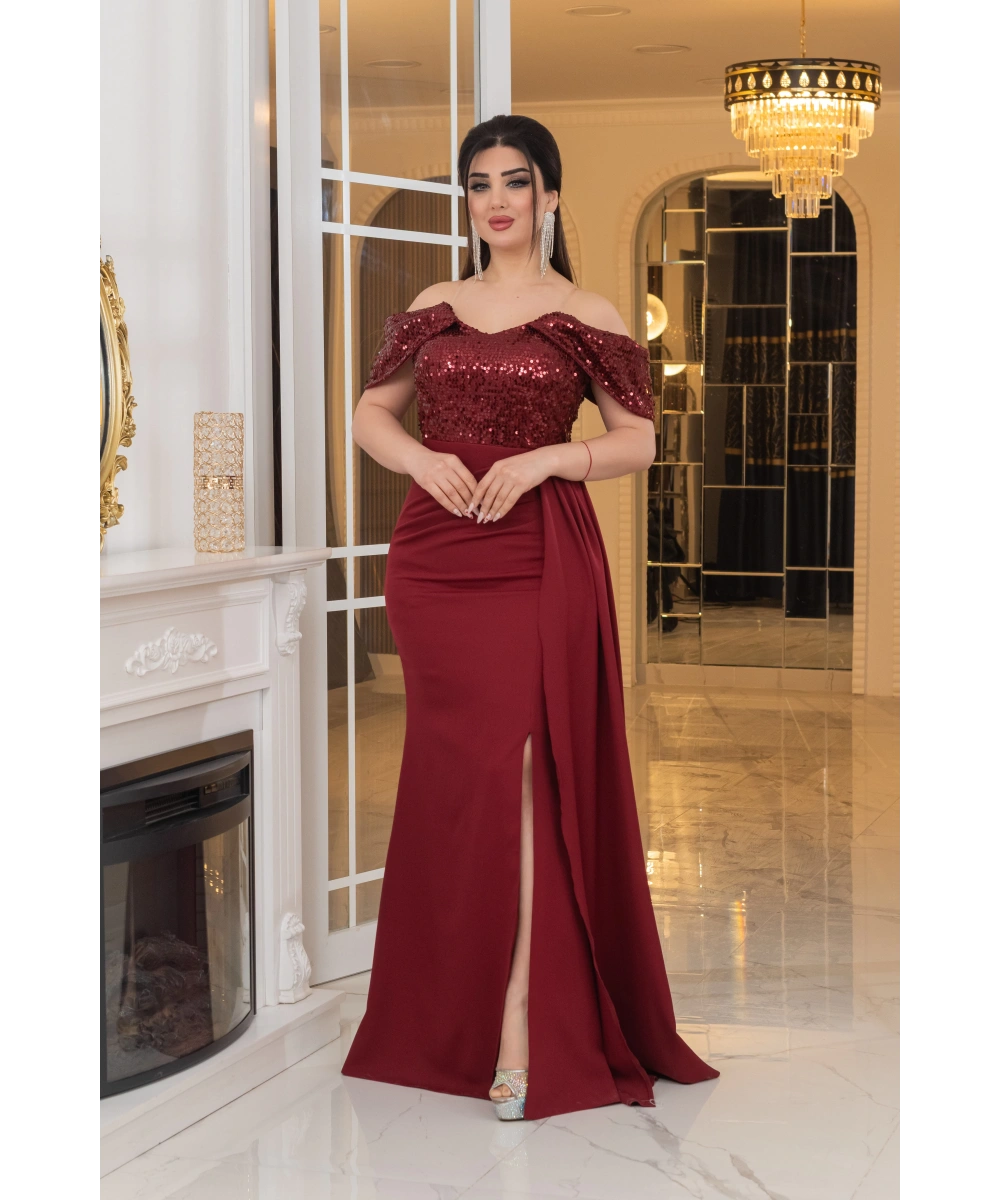 İthal Atlas Tül Payet Tasarım Straplez Dekolteli Yandan Pelerinli Uzun Elbise Abiye